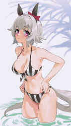Rule 34 | 1girl, alternate costume, animal ears, bare arms, bare legs, bare shoulders, bikini, blush, bow, breasts, cleavage, closed mouth, collarbone, commentary, cowboy shot, curren chan (umamusume), ear bow, ear covers, grey hair, hands on own hips, highres, horse ears, horse girl, horse tail, large breasts, looking at viewer, partially submerged, purple eyes, red bow, sarcophage, short hair, simple background, smile, solo, striped bikini, striped clothes, swimsuit, tail, umamusume, vertical-striped bikini, vertical-striped clothes, white background