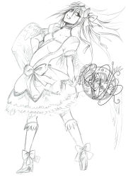 Rule 34 | :d, absurdres, alternate hair length, alternate hairstyle, angel wings, choker, dress, feathered wings, feathers, frilled dress, frills, gloves, highres, kaname madoka, long hair, looking at viewer, magical girl, mahou shoujo madoka magica, mahou shoujo madoka magica (anime), non-web source, open mouth, signature, simple background, smile, solo, white background, wings
