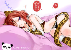 Rule 34 | 10s, 1girl, animal ears, animal print, blush, bra, breasts, cleavage, detached collar, detached sleeves, fang, frills, leopard ears, leopard print, looking at viewer, love live!, love live! school idol festival, love live! school idol project, lying, midriff, nishikino maki, on side, one eye closed, ooshima tomo, print bra, print legwear, purple eyes, red hair, ribbon, short hair, small breasts, solo, tail, translation request, underwear