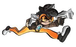 Rule 34 | 1girl, black hair, bodysuit, bomber jacket, brown gloves, brown jacket, cardboard, chest harness, commentary, cosplay, costume, dual wielding, funkgamut, gloves, goggles, gun, harness, holding, holding weapon, inkling player character, jacket, leather, leather jacket, nintendo, orange bodysuit, overwatch, overwatch 1, pants, parody, pointy ears, running, shoes, short hair, simple background, solo, spiked hair, splatoon (series), splatoon 1, splattershot jr (splatoon), tentacle hair, tight clothes, tight pants, tracer (overwatch), tracer (overwatch) (cosplay), weapon, white background, white footwear