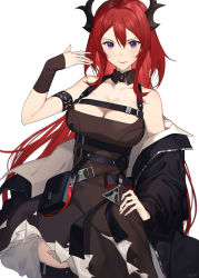 Rule 34 | 1girl, arknights, bare shoulders, belt, black belt, black bow, black collar, black dress, black jacket, blue eyes, bow, breasts, chest strap, cleavage, collar, commentary request, cowboy shot, detached collar, dress, hair between eyes, hand on own hip, hand up, highres, horns, infection monitor (arknights), jacket, large breasts, long hair, long sleeves, looking at viewer, off shoulder, open clothes, open jacket, piercing, purple eyes, raitho, red hair, simple background, slit pupils, smile, solo, standing, surtr (arknights), very long hair, white background