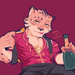 Rule 34 | 1boy, 2022, :p, adjusting clothes, all saints street (style), animal nose, bara, black nails, blush, bottle, closed mouth, commentary, dk (den ai d), fingernails, furry, furry male, green eyes, highres, holding, holding bottle, large pectorals, looking at viewer, male focus, muscular, muscular male, nail polish, ose (housamo), panther boy, panther ears, pants, partially unbuttoned, pectoral cleavage, pectorals, red background, sharp fingernails, signature, simple background, solo, tokyo houkago summoners, tongue, tongue out, upper body, wine bottle