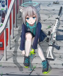 Rule 34 | 1girl, absurdres, animal ear fluff, animal ears, artist name, assault rifle, black footwear, blue archive, blue eyes, blue jacket, blue necktie, blue scarf, blue skirt, can, cola, commentary request, drink can, full body, gloves, green gloves, grey hair, gun, halo, highres, jacket, kneehighs, leaning forward, long hair, long sleeves, looking at viewer, necktie, nokoo, open clothes, open jacket, pepsi, pleated skirt, railing, rifle, scarf, scope, shiroko (blue archive), shirt, shoes, sig sauer 556, signature, single glove, sitting, sitting on stairs, skirt, socks, soda bottle, soda can, solo, stairs, stone stairs, tying footwear, vending machine, weapon, white shirt, white socks