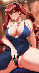 Rule 34 | 1girl, alternate costume, armlet, azur lane, bare shoulders, black panties, black ribbon, blue dress, blurry, blurry background, blush, breasts, cameltoe, cleavage, closed mouth, clothes lift, commentary, dress, dress lift, drill hair, earrings, english commentary, gluteal fold, hair ribbon, highres, honolulu (azur lane), jewelry, large breasts, lifting own clothes, long hair, looking at viewer, nail polish, necklace, panties, pantyshot, piukute062, red hair, red nails, ribbon, signature, sitting, solo, spaghetti strap, thighs, twintails, underwear, v-shaped eyebrows, very long hair, yellow eyes