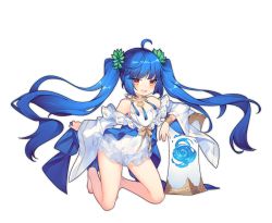 Rule 34 | 1girl, :d, ahoge, ao jun, ark order, blue hair, bow, bowtie, bracelet, dress, frilled jacket, frills, gonggong (ark order), hair ornament, hair ribbon, jacket, jewelry, kneeling, leaf hair ornament, long sleeves, necklace, official art, open mouth, red eyes, ribbon, smile, solo, spaghetti strap, stirrup legwear, tachi-e, tassel, toeless legwear, transparent background, twintails, v-shaped eyebrows, water, white dress, wide sleeves, yellow bow