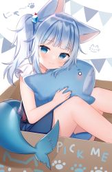 Rule 34 | 1girl, :3, animal ears, bare legs, blue eyes, blue skirt, box, cardboard box, cat ears, commentary, fins, fish tail, gawr gura, gawr gura (casual), hair ornament, highres, hololive, hololive english, in container, long hair, looking at viewer, nail polish, shark tail, shirt, short sleeves, shouu-kun, side ponytail, silver hair, skirt, smile, solo, stuffed animal, stuffed shark, stuffed toy, tail, virtual youtuber, white shirt