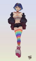 Rule 34 | 1girl, belt, black shorts, blue eyes, blue hair, boots, choker, grey background, hairband, hands in pockets, heart, highres, jacket, midriff, multicolored hairband, navel, rainbow, rainbow order, shirt, shorts, simple background, sokura (mochichitose), tenkyuu chimata, thighhighs, tongue, tongue out, touhou, two-sided fabric, white footwear, white shirt
