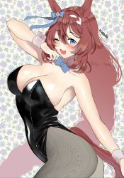 Rule 34 | 1girl, animal ears, bare shoulders, blue eyes, blush, bow, bowtie, braid, breasts, brown hair, bunny day, cleavage, detached collar, fake animal ears, hair between eyes, highres, horse ears, horse girl, horse tail, large breasts, leotard, long hair, looking at viewer, matsuda oruta, nontraditional playboy bunny, open mouth, pantyhose, playboy bunny, rabbit ears, rabbit tail, smile, solo, strapless, strapless leotard, super creek (umamusume), tail, umamusume, wrist cuffs
