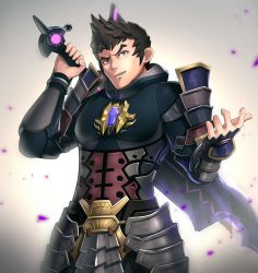 Rule 34 | 1boy, armor, gloves, gonzarez, looking at viewer, male focus, malos (xenoblade), nintendo, short hair, simple background, smile, solo, sword, weapon, xenoblade chronicles (series), xenoblade chronicles 2, xenoblade chronicles (series), xenoblade chronicles 2