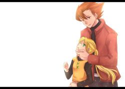 Rule 34 | 1boy, 1girl, bad id, bad pixiv id, blonde hair, creatures (company), game freak, green eyes, hands on another&#039;s face, height difference, jacket, lance (pokemon), letterboxed, long hair, nintendo, orange eyes, orange hair, pokemon, pokemon adventures, ponytail, simple background, waremoko44, white background, yellow (pokemon)