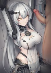 Rule 34 | 1boy, 1girl, android, arms up, breasts, closed mouth, clothed female nude male, erection, girls&#039; frontline, hair between eyes, hair ornament, hetero, highres, large breasts, long hair, looking at penis, mingke, nude, paradeus, penis, silver hair, solo focus, teal (girls&#039; frontline), uncensored, yellow eyes