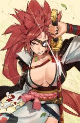 Rule 34 | 1girl, absurdres, baiken, breasts, commentary, edpan, english commentary, eyepatch, forehead tattoo, glint, grin, guilty gear, highres, holding, holding sword, holding weapon, japanese clothes, katana, kimono, large breasts, looking at viewer, mouth hold, obi, red eyes, red hair, rope, sanpaku, sash, scabbard, sheath, shimenawa, smile, solo, stalk in mouth, sword, tassel, unsheathing, weapon