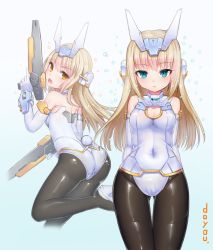 Rule 34 | 10s, 1girl, ass, baselard, black pantyhose, blonde hair, blue eyes, blush, breasts, cleavage, cleavage cutout, closed mouth, clothing cutout, commentary request, covered navel, doyouwantto, dual wielding, elbow gloves, frame arms girl, gloves, gold trim, gradient background, gun, headgear, high heels, holding, holding gun, holding weapon, leotard, long hair, looking at viewer, mecha musume, medium breasts, multiple views, pantyhose, rabbit tail, shiny clothes, shiny skin, tail, thigh gap, weapon, white gloves, white leotard, yellow eyes