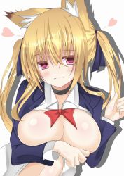 Rule 34 | 1girl, ahhien, atsuhien, blonde hair, blush, breasts, breasts out, covering privates, covering breasts, hair ribbon, highres, huge breasts, large breasts, long hair, looking at viewer, red eyes, ribbon, school uniform, solo, twintails, uniform