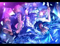 Rule 34 | 2girls, black legwear, blue eyes, blue theme, boots, braid, broken glass, chain, cloud, cross-laced footwear, crossed arms, female focus, flying, glass, hat, hong meiling, izayoi sakuya, knife, lace-up boots, letterboxed, long hair, looking back, magic circle, maid, maid headdress, multiple girls, pocket watch, red hair, reflection, ryosios, shards, silver hair, thighhighs, throwing knife, touhou, twin braids, watch, weapon