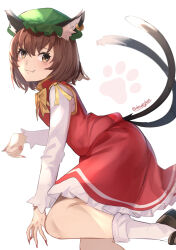 Rule 34 | 1girl, :3, bent over, blush, brown eyes, brown hair, cat tail, chen, clothing cutout, daweykun, dress, fang, fang out, feet out of frame, flat chest, from side, gold trim, hat, highres, leg up, long sleeves, looking at viewer, looking to the side, mob cap, multiple tails, nail polish, nekomata, red dress, red nails, simple background, solo, tail, tail through clothes, touhou, two tails, white background