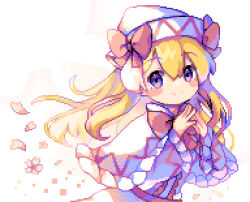 Rule 34 | 1girl, absurdres, blonde hair, blue eyes, blush stickers, capelet, closed mouth, dress, flower, hair between eyes, hat, highres, lily white, long hair, long sleeves, omochinegi, petals, pink flower, pixel art, smile, solo, touhou, upper body, white capelet, white dress, white hat