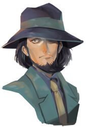 Rule 34 | 1boy, archived source, bad id, bad twitter id, beard, black hair, black hat, blue shirt, close-up, closed mouth, commentary request, facial hair, hat, highres, jacket, jigen daisuke, korean commentary, looking to the side, lupin iii, male focus, medium hair, mulmulgogibbq, necktie, one eye covered, shirt, simple background, solo, white background, yellow necktie