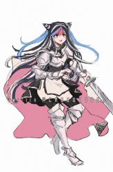 Rule 34 | 1girl, :d, alternate costume, alternate universe, armor, armored boots, black hair, blue hair, boots, cape, commentary, criis-chan, danganronpa (series), danganronpa 2: goodbye despair, english commentary, full body, gauntlets, grey background, hair horns, long hair, mioda ibuki, multicolored hair, open mouth, piercing, pink cape, pink eyes, pink hair, simple background, sketch, smile, sword, teeth, twitter username, upper teeth only, weapon, white hair