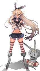 Rule 34 | &gt;:3, 10s, 1girl, :3, arutera, bad id, bad pixiv id, black panties, blonde hair, boots, crossed arms, elbow gloves, gloves, grey eyes, grey footwear, groin, gunbuster pose, hair ornament, hairband, highres, innertube, kantai collection, knees, long hair, looking at viewer, midriff, miniskirt, navel, panties, personification, pleated skirt, rensouhou-chan, sailor collar, shadow, shimakaze (kancolle), skirt, striped clothes, striped thighhighs, swim ring, thighhighs, toned, top wo nerae!, turret, underwear, v-shaped eyebrows, white background, white gloves, wind