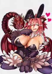 Rule 34 | 1girl, animal ear fluff, animal ears, animal hands, bat wings, blush, breasts, cleavage, gashiwataex378, heart, highres, large breasts, leotard, looking at viewer, manticore (monster girl encyclopedia), monster girl, monster girl encyclopedia, open mouth, pink eyes, pink hair, playboy bunny, prehensile tail, rabbit ears, sideboob, solo, tail, white background, wings