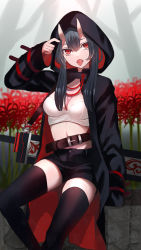 Rule 34 | 1girl, absurdres, bandeau, belt, black coat, black shorts, black thighhighs, breasts, brown belt, coat, fangs, flower, highres, hood, hooded coat, horns, large breasts, long sleeves, musou yuchi, oni, open clothes, open coat, open mouth, original, red coat, red eyes, short hair, short hair with long locks, short shorts, shorts, sidelocks, skin-covered horns, solo, spider lily, thighhighs, tongue, tongue out, two-sided coat, two-sided fabric, white bandeau