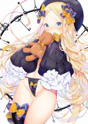 Rule 34 | 1girl, abigail williams (fate), absurdres, bad id, bad twitter id, black hat, black panties, black thighhighs, blonde hair, blue eyes, blush, bow, bow panties, embarrassed, fate/grand order, fate (series), forehead, hair bow, hat, highres, holding, holding stuffed toy, key, keyring, long hair, long sleeves, looking at viewer, mao ge, navel, nose blush, orange bow, panties, parted bangs, polka dot, polka dot bow, purple bow, simple background, single thighhigh, sleeves past fingers, sleeves past wrists, solo, stuffed animal, stuffed toy, teddy bear, thighhighs, thighs, underwear, very long hair, white background