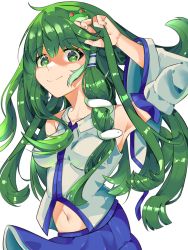 Rule 34 | 1girl, blue skirt, breasts, chinese commentary, closed mouth, collared shirt, commentary request, cowboy shot, detached sleeves, frog hair ornament, green eyes, green hair, hair ornament, highres, impossible clothes, impossible shirt, kochiya sanae, navel, niujingfan56482, shirt, simple background, single hair tube, skirt, sleeveless, sleeveless shirt, small breasts, smile, solo, touhou, white background, white sleeves