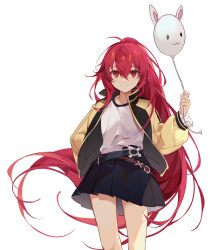 Rule 34 | 1girl, bad id, bad pixiv id, balloon, black jacket, black skirt, character request, closed mouth, elesis (elsword), elsword, eyebrows hidden by hair, hair between eyes, holding, holding balloon, jacket, long hair, long sleeves, looking at viewer, machi (7769), open clothes, open jacket, pleated skirt, puffy long sleeves, puffy sleeves, red eyes, red hair, shirt, simple background, skirt, smile, solo, very long hair, white background, white shirt