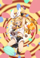 Rule 34 | 1girl, absurdres, armpits, blonde hair, blue eyes, blurry, bow, breasts, candy, candy wrapper, cookie, detached sleeves, food, food in mouth, gingerbread man, grin, hair bow, hair ornament, hairclip, hand up, headphones, headset, highres, holding, holding microphone, kagamine rin, leg warmers, macaron, medium breasts, microphone, midriff, motion blur, mouth hold, nail polish, navel, one eye closed, pinky out, sailor collar, sen (aypj8447), shirt, short hair, shorts, sideboob, sleeveless, sleeveless shirt, smile, solo, teeth hold, vocaloid, yellow nails, yellow neckwear