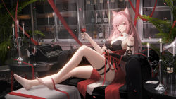 Rule 34 | 1girl, absurdres, animal ears, arknights, armchair, barefoot, black bra, black gloves, bra, braid, chair, chandelier, cup, cupboard, drinking glass, extra ears, feet, fingerless gloves, full body, gloves, high-waist skirt, highres, holding, holding cup, indoors, ling dianxia, long hair, looking at viewer, pink eyes, pink hair, pozyomka (arknights), red skirt, single glove, sitting, skirt, soles, solo, thigh strap, thighs, toes, typewriter, underwear, wine glass, wolf ears, wolf girl