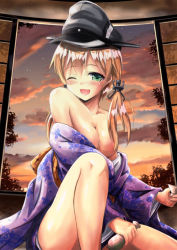 Rule 34 | 10s, 1girl, alcohol, blonde hair, blush, breasts, hat, japanese clothes, kantai collection, kimono, large breasts, long hair, looking at viewer, no bra, one eye closed, open mouth, prinz eugen (kancolle), sake, saz, saz (sazin764), smile, solo, twintails