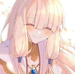 Rule 34 | 1boy, ^ ^, blonde hair, blunt bangs, blush, closed eyes, closed mouth, eyes visible through hair, facing viewer, fate/grand order, fate/grand order arcade, fate (series), gold trim, hair between eyes, hair tubes, highres, jewelry, long hair, long sleeves, male focus, necklace, noah (fate), sidelocks, simple background, smile, solo, upper body, white background, yaruco (freedumco)