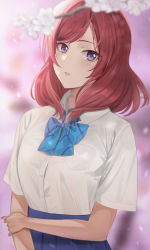 Rule 34 | 1girl, absurdres, blue bow, blue bowtie, blue skirt, bow, bowtie, branch, cherry blossoms, commentary request, hand on own arm, highres, horai sennkyo, looking at viewer, love live!, love live! school idol project, nishikino maki, otonokizaka school uniform, parted lips, purple eyes, red hair, school uniform, shirt, short hair, short sleeves, skirt, solo, striped, striped bow, upper body, white shirt