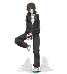 Rule 34 | 1girl, bad id, bad pixiv id, ball, black hair, braid, clothes writing, jacket, lefty10, shoes, sneakers, soccer, soccer ball, solo, sportswear, teamgeist, tomboy, track jacket, track suit, twin braids