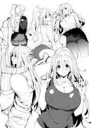 Rule 34 | 1girl, adjusting clothes, adjusting swimsuit, alternate costume, arched back, arm warmers, ass, atago (kancolle), bag, blush, breasts, buruma, casual, cleavage, clothes lift, collarbone, commentary request, covered navel, dress shirt, feet, greyscale, gym shirt, hair between eyes, hand on head, highres, huge breasts, kantai collection, leg up, long hair, looking at viewer, looking back, monochrome, multiple views, mushi024, one-piece swimsuit, open mouth, panties, pantyhose, pleated skirt, ponytail, school bag, shirt, shoes, shorts, sitting, skirt, skirt lift, sleeves rolled up, smile, sneakers, split, standing, standing on one leg, standing split, stretching, sweat, swimsuit, thighband pantyhose, thighhighs, thighs, underwear, upskirt, wariza, white background