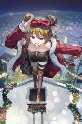 Rule 34 | 1girl, boots, bow, breasts, chimney, choker, christmas, collarbone, double bun, eyewear on head, girls&#039; frontline, gloves, hair bow, hair bun, hair ornament, highres, korean commentary, light brown hair, looking at viewer, medium breasts, night, official alternate costume, open mouth, p90 (girls&#039; frontline), p90 (scarlet turbo) (girls&#039; frontline), red bow, red eyes, rooftop, short hair, shorts, smile, solo, sunglasses, thighhighs, vikpie