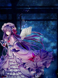Rule 34 | 1girl, aura, book, capelet, crescent moon, dress, floral print, hair ribbon, hat, hat ornament, highres, long hair, long sleeves, looking at viewer, magic circle, mob cap, moon, moon print, night, night sky, open book, patchouli knowledge, petals, purple dress, purple hair, ribbon, sad, sky, solo, star (sky), star (symbol), star print, starry sky, striped clothes, striped dress, sun, symbolism, tanzhujiuyue, touhou, tress ribbon, very long hair