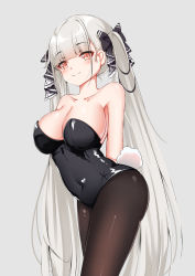 Rule 34 | 1girl, absurdres, azur lane, bad id, bad pixiv id, bare shoulders, black dress, black pantyhose, blush, breasts, catnnn, cleavage, collarbone, commentary, covered navel, dress, formidable (azur lane), frilled dress, frills, grey background, grey hair, hair ribbon, highres, large breasts, leaning forward, leotard, long hair, looking at viewer, pantyhose, playboy bunny, rabbit girl, rabbit tail, red eyes, ribbon, simple background, smile, solo, tail, twintails, two-tone ribbon, very long hair