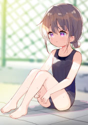 Rule 34 | 1girl, bare arms, bare legs, bare shoulders, barefoot, black one-piece swimsuit, blurry, blurry background, blush, brown hair, chain-link fence, collarbone, commentary request, depth of field, fence, full body, hair between eyes, hair bun, highres, knees up, looking away, meito (maze), old school swimsuit, one-piece swimsuit, original, parted lips, purple eyes, school swimsuit, single hair bun, sitting, solo, swimsuit, wet