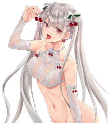 Rule 34 | 1girl, arm up, arm warmers, bare shoulders, bottomless, bra, breasts, cherry, collarbone, fangs, food, fruit, glasses, groin, hair ornament, holding, lingerie, long hair, looking at viewer, medium breasts, nabeshima tetsuhiro, navel, open mouth, original, red eyes, rimless eyewear, silver hair, simple background, solo, stomach, tongue, tongue out, twintails, underwear, upper body, very long hair, white background, white bra