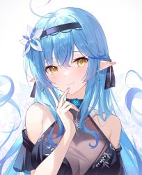 Rule 34 | absurdres, bare shoulders, blue hair, blush, braid, breasts, cleavage, closed mouth, finger to mouth, flower, hair between eyes, hair flower, hair ornament, hair ribbon, hairband, heiyan shenshi, highres, hololive, large breasts, long hair, looking away, pointy ears, ribbon, see-through, see-through cleavage, simple background, smile, solo, upper body, virtual youtuber, yukihana lamy