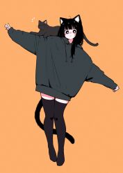 Rule 34 | 1girl, :o, animal, animal ear fluff, animal ears, animal on shoulder, black cat, black eyes, black hair, black thighhighs, blush, blush stickers, bright pupils, cat, cat ears, cat girl, cat on shoulder, cat tail, emphasis lines, full body, grey hoodie, highres, hood, hoodie, megateru, nose blush, orange background, original, outstretched arms, oversized clothes, sleeves past wrists, solo, spread arms, tail, thighhighs, white pupils, zettai ryouiki
