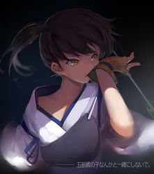 Rule 34 | 10s, 1girl, adjusting clothes, adjusting gloves, arrow (projectile), biting, brown hair, collarbone, fingerless gloves, glove biting, gloves, highres, japanese clothes, kaga (kancolle), kantai collection, md5 mismatch, mouth pull, ponytail, profile, resolution mismatch, short hair, side ponytail, sola7764, solo, source smaller, yellow eyes