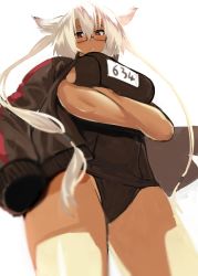 Rule 34 | 10s, 1girl, alternate costume, blonde hair, breast hold, breasts, crossed arms, dark-skinned female, dark skin, female focus, from below, glasses, hair between eyes, highres, jacket, jacket on shoulders, kantai collection, large breasts, looking at viewer, looking down, musashi (kancolle), one-piece swimsuit, open clothes, open jacket, pointy hair, red eyes, school swimsuit, semi-rimless eyewear, short hair, simple background, solo, swimsuit, takamura wamu, track jacket