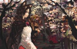 Rule 34 | 1girl, animal ears, brooch, brown hair, cape, dress, imaizumi kagerou, jewelry, landscape, long hair, long sleeves, looking at viewer, md5 mismatch, nature, onion (onion and pi-natto), profile, red eyes, resized, resolution mismatch, solo, source larger, touhou, tree, wolf ears