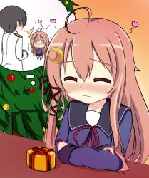 Rule 34 | ^^^, 10s, 1boy, 1girl, admiral (kancolle), ahoge, blush, christmas, christmas tree, commentary request, crescent, crescent hair ornament, closed eyes, gift, hair ornament, hair ribbon, heart, inset, kantai collection, long hair, military, military uniform, naval uniform, pink hair, ribbon, school uniform, serafuku, smile, solid oval eyes, surprised, triangle mouth, uniform, uzuki (kancolle), yuu (alsiel)