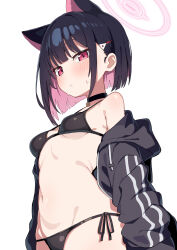 Rule 34 | 1girl, animal ear fluff, animal ears, bare shoulders, bikini, black bikini, black choker, black hair, black jacket, blue archive, blush, breasts, cat ears, choker, closed mouth, cowboy shot, hair ornament, hairclip, halo, halterneck, highres, hood, jacket, kazusa (blue archive), long sleeves, looking at viewer, maud0239, navel, off shoulder, open clothes, open jacket, pink hair, red eyes, short hair, simple background, sleeves past wrists, small breasts, solo, stomach, string bikini, sweat, swimsuit, swimsuit under clothes, white background