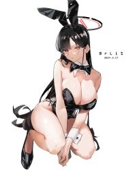 Rule 34 | 1girl, absurdres, animal ears, bare legs, black bow, black bowtie, black hair, black halo, black leotard, blue archive, bow, bowtie, breasts, bright pupils, brlis, cleavage, dated, detached collar, fake animal ears, glasses, halo, highres, large breasts, leotard, long hair, looking at viewer, playboy bunny, rabbit ears, red eyes, rio (blue archive), side-tie leotard, simple background, solo, squatting, strapless, strapless leotard, very long hair, white background, white pupils, wrist cuffs