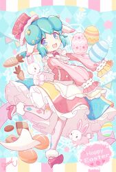 Rule 34 | 1girl, absurdres, animal ears, apron, double bun, easter, easter egg, egg, full body, green hair, hair bun, happy easter, highres, horns, jazz grace, lidelle (puyopuyo), long sleeves, looking at viewer, lop rabbit ears, pantyhose, pink footwear, pink headwear, pink pantyhose, pointy ears, puyopuyo, puyopuyo fever, puyopuyo quest, rabbit ears, signature, sleeves past fingers, sleeves past wrists, solo, white apron, white rabbit (animal), yellow horns